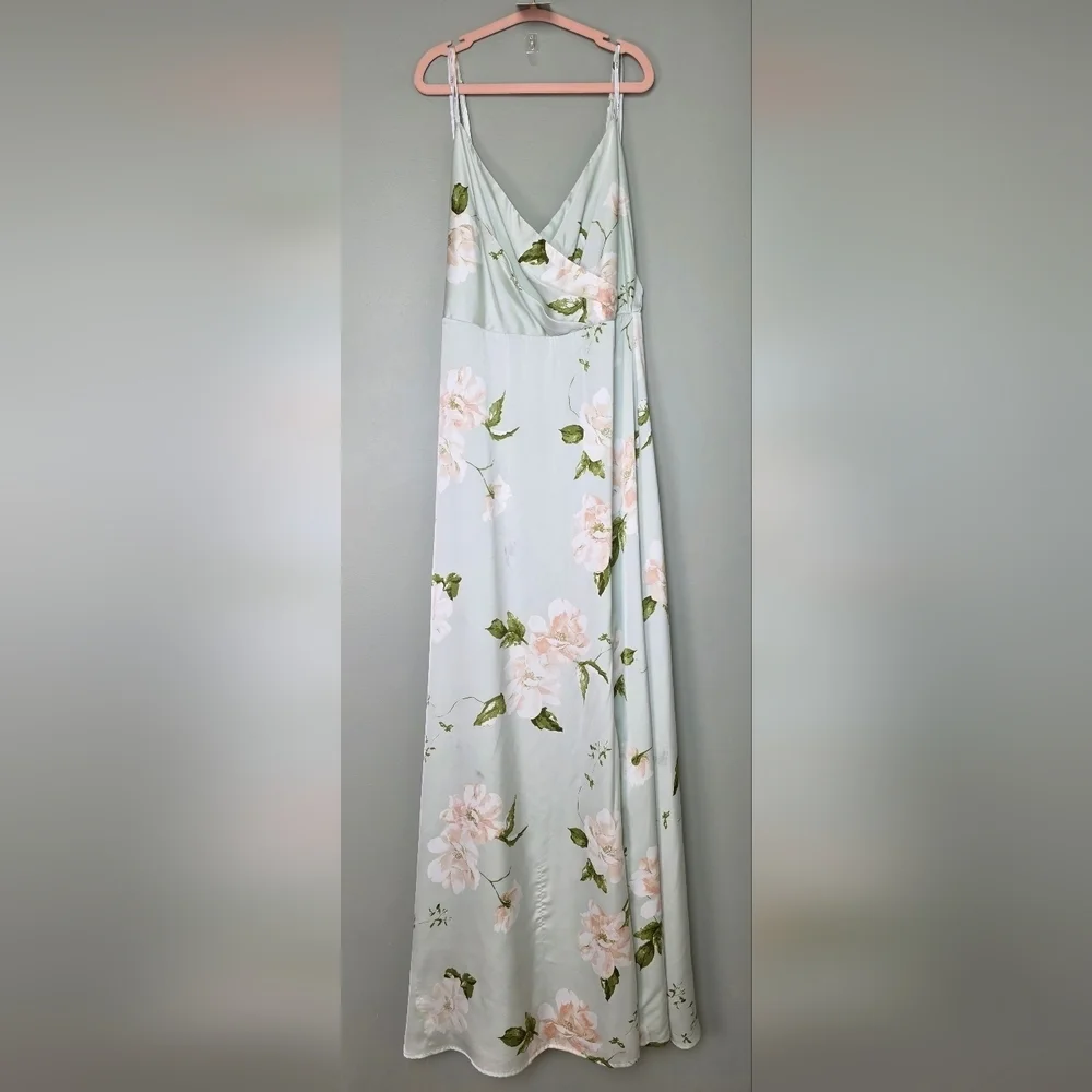Lulus Radiant Occasion Light Green Mint Floral Satin A-Line Maxi Dress, Large